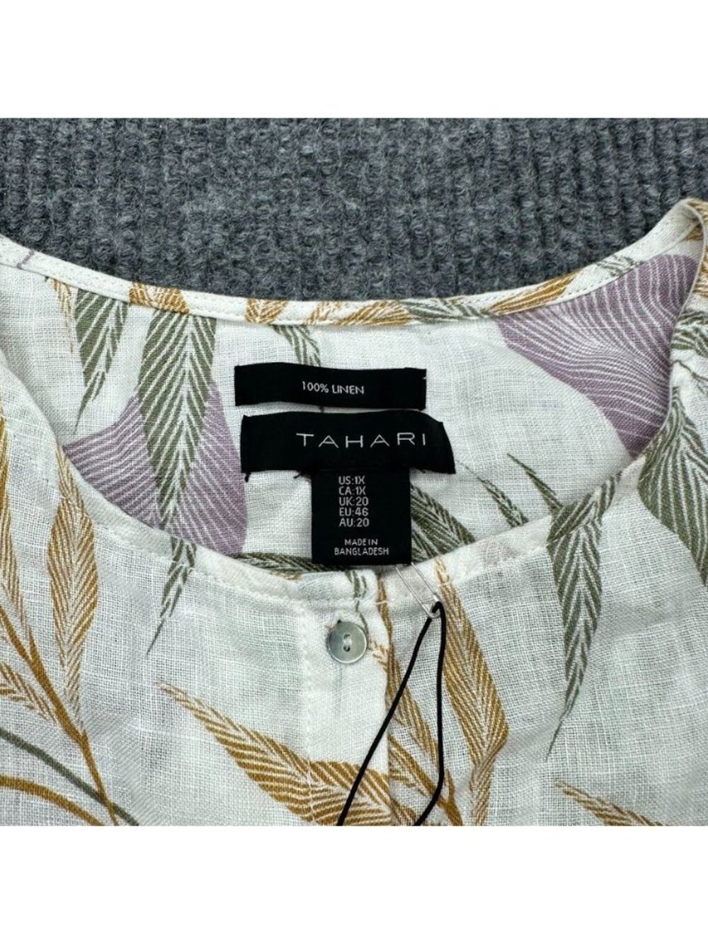 Tahari 100% Linen Long Sleeve Button Up Tunic Shirt Tropical Leaf Womens 1X NEW - Picture 2 of 7